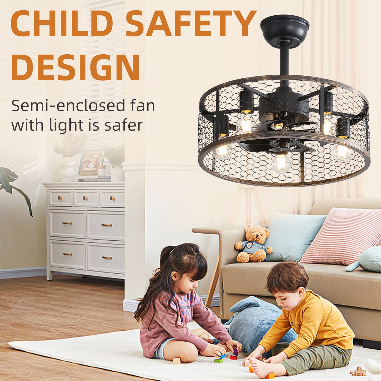 Black semienclosed ceiling fan with caged industrial design and five exposed bulbs
