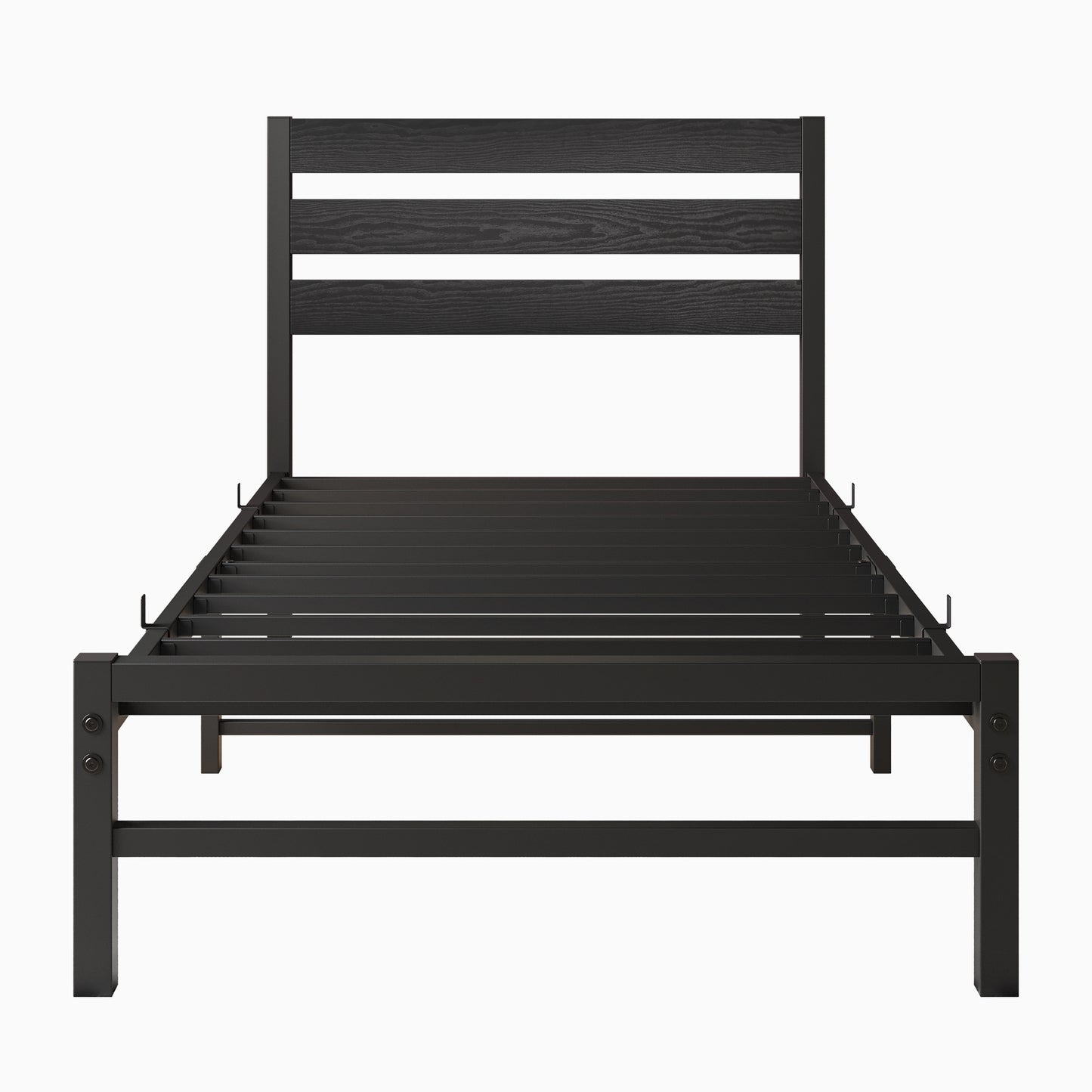 Black metal bed frame with dark wood headboard slats