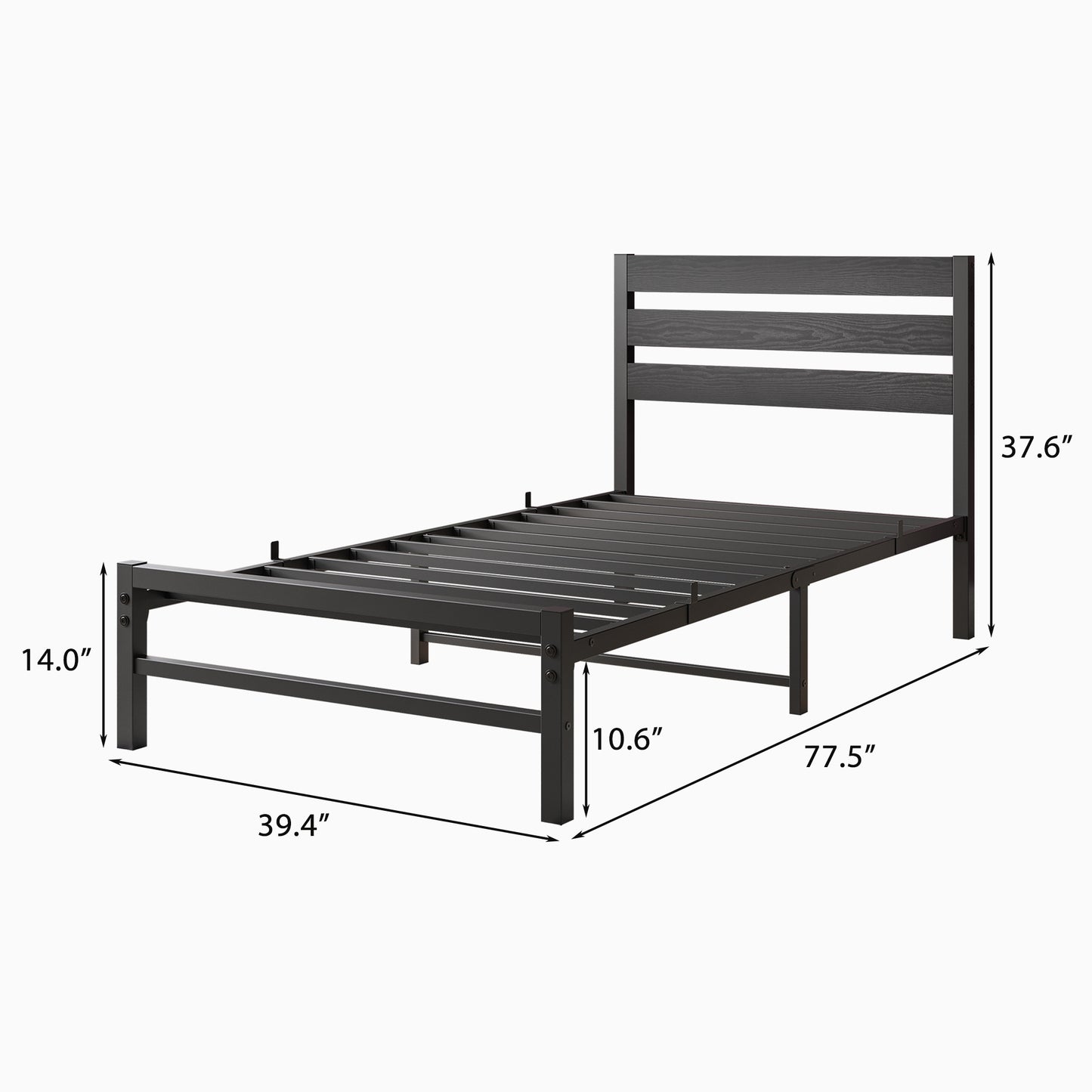 Dark gray metal twin bed frame with horizontal slatted headboard L