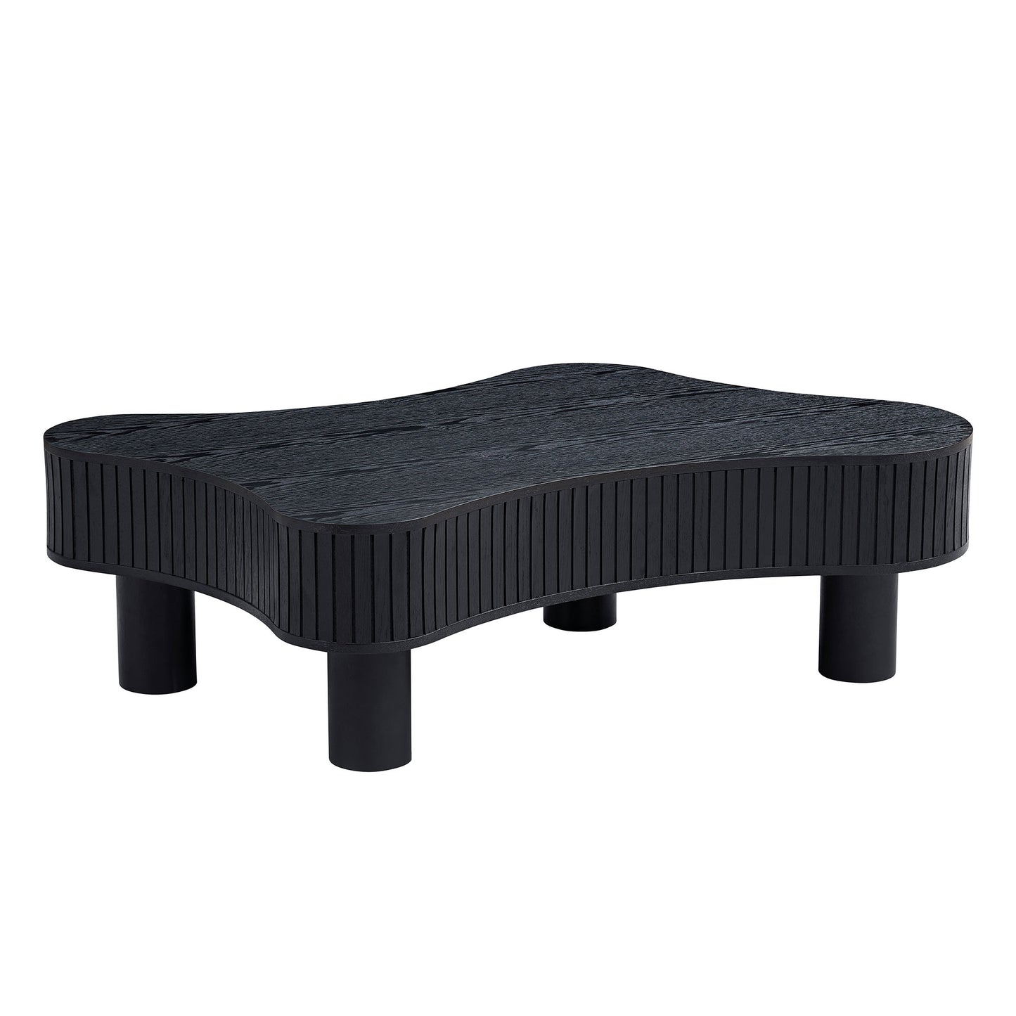 Black contemporary organic wood coffee table with fluted sides and cylindrical legs