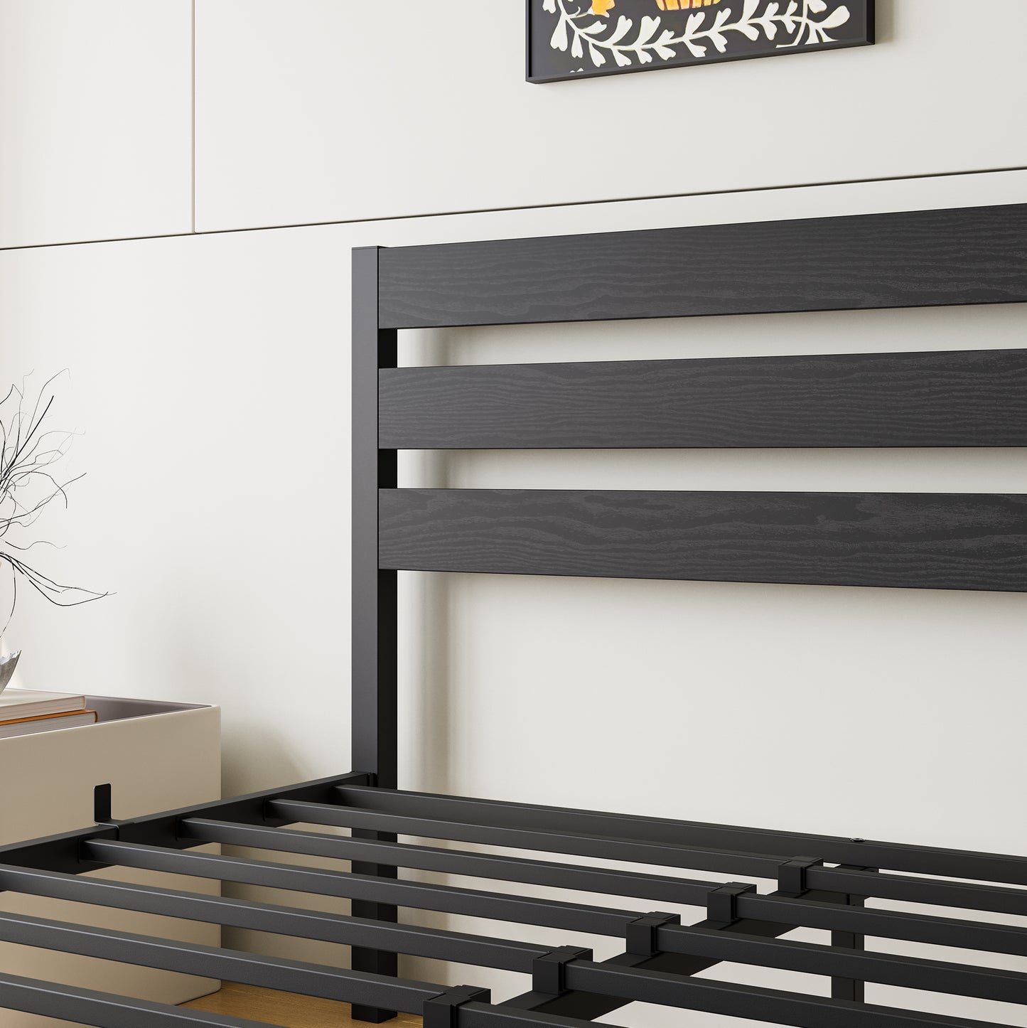 Black metal bed frame with horizontal wooden headboard slats