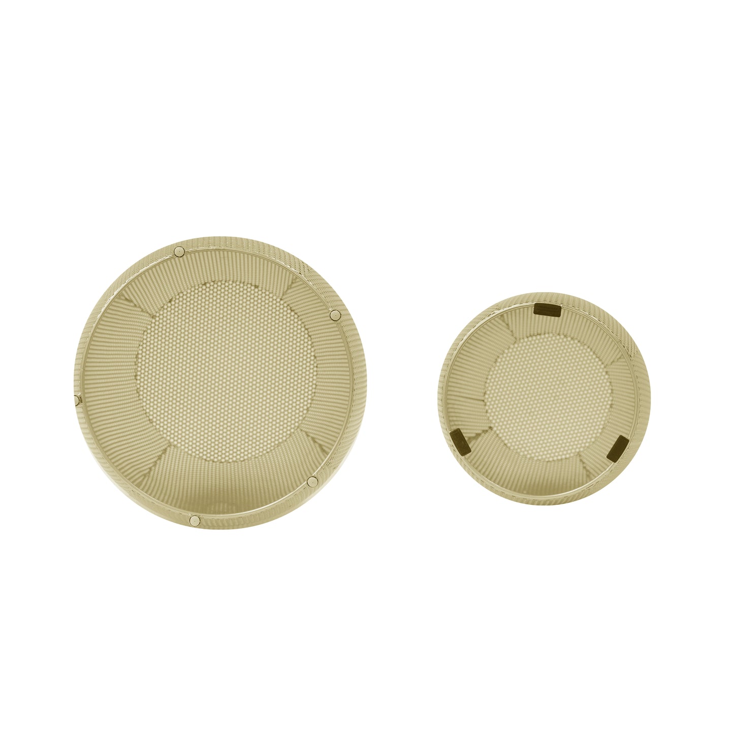 Two circular beige plastic lids one larger than the other designed for food containers