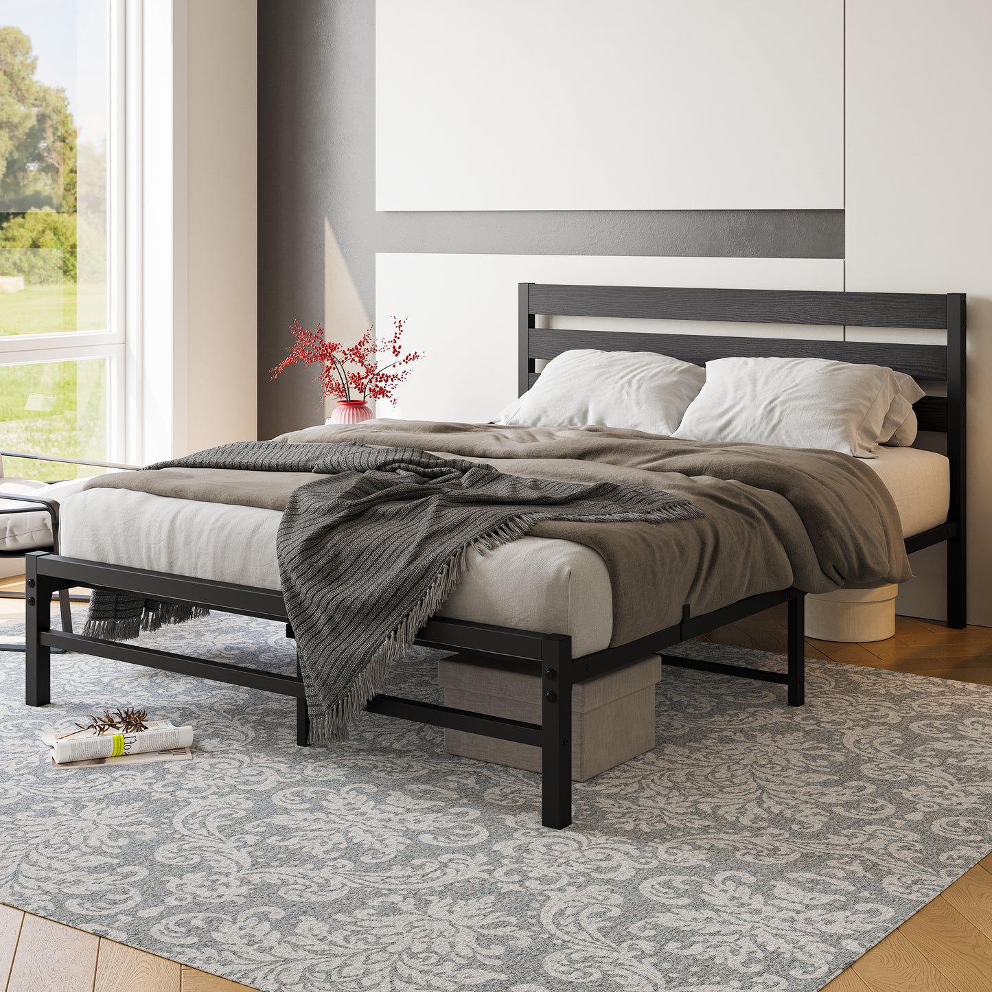Black metal platform bed frame with a dark wood headboard queen size