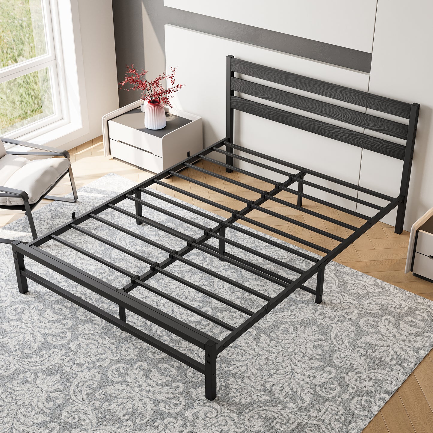 Black metal bed frame with wooden headboard modern design