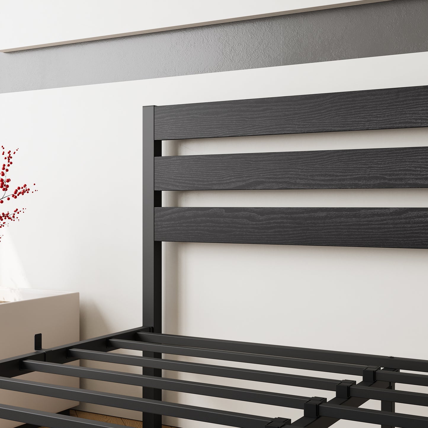 Black wood grain headboard with black metal bed frame