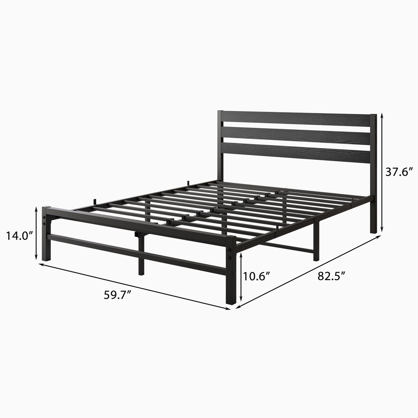 black metal platform bed frame with horizontal headboard slats