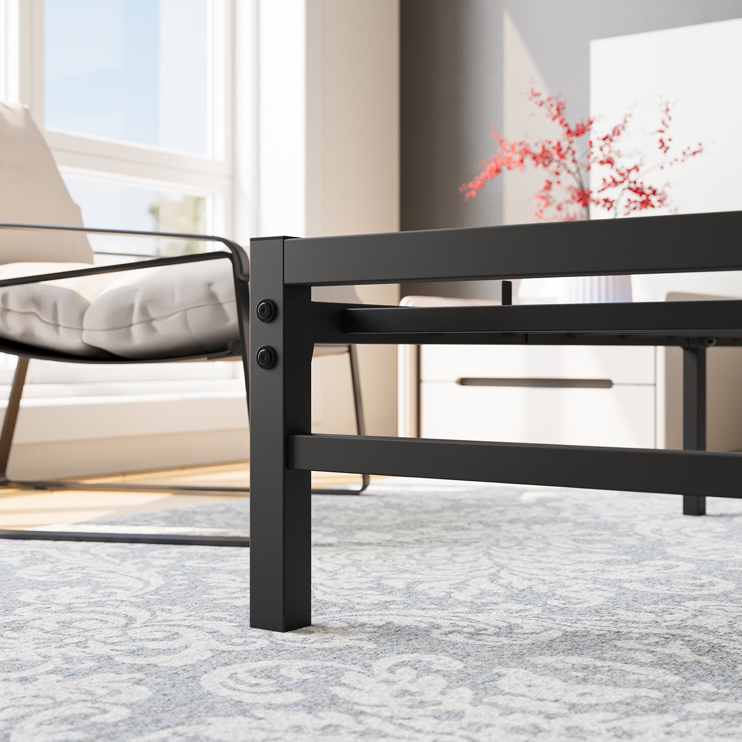 Black metal platform bed frame with clean lines and sturdy legs
