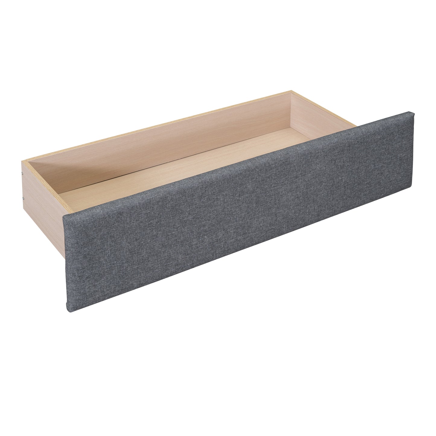 Open gray upholstered drawer with light wood interior ready for storage
