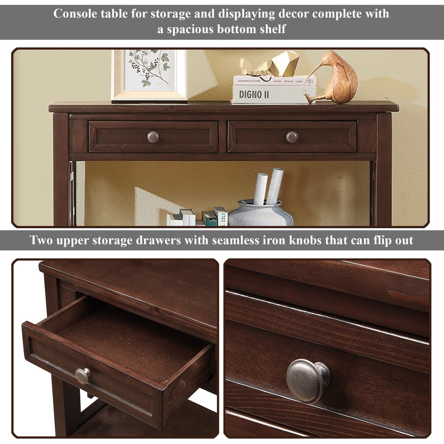 Dark wood console table with two drawers and a bottom shelf displaying decorative items