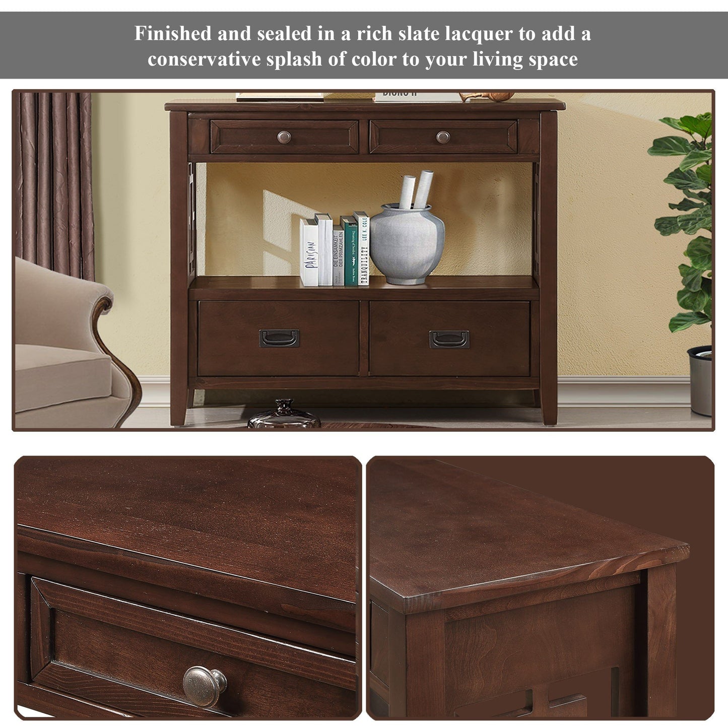 Dark brown wooden console table with two drawers and open shelf