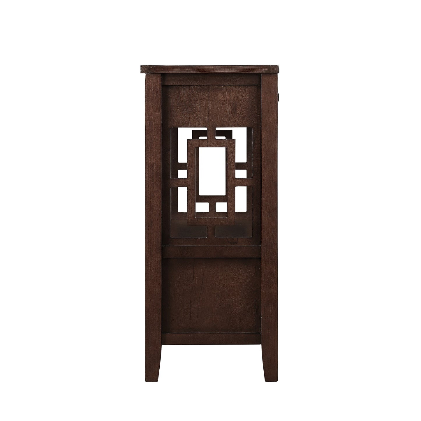 Dark wood accent cabinet with geometric cutouts a stylish entryway table