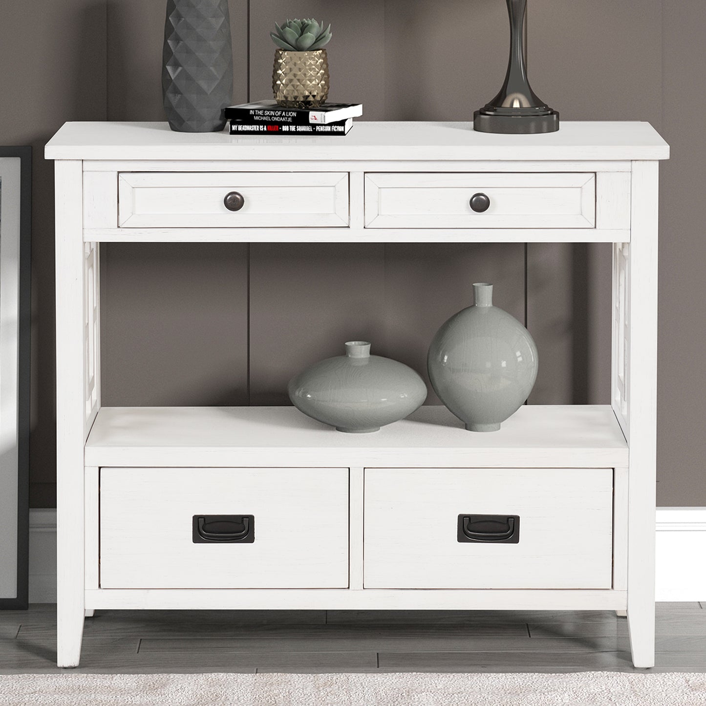 White console table with six drawers and open shelving perfect for entryways