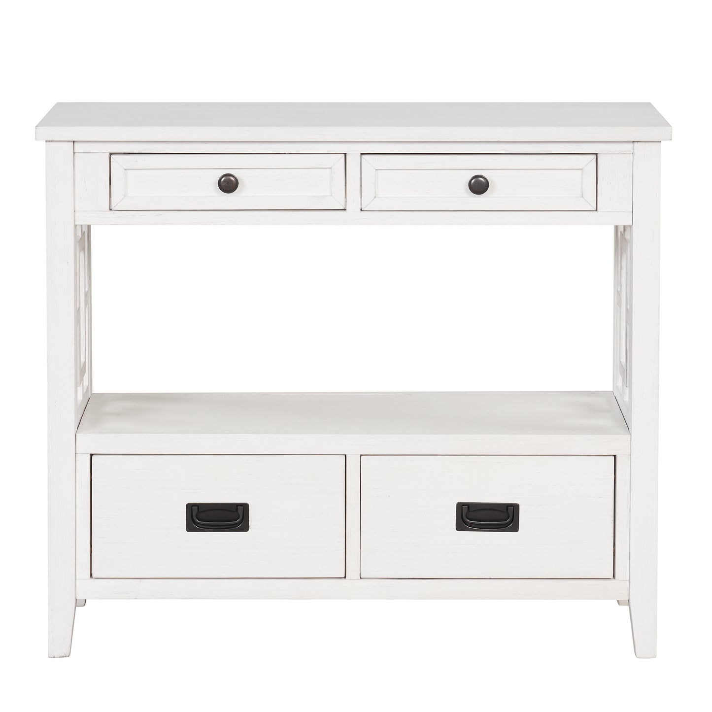 White farmhouse console table with four drawers and open shelf storage