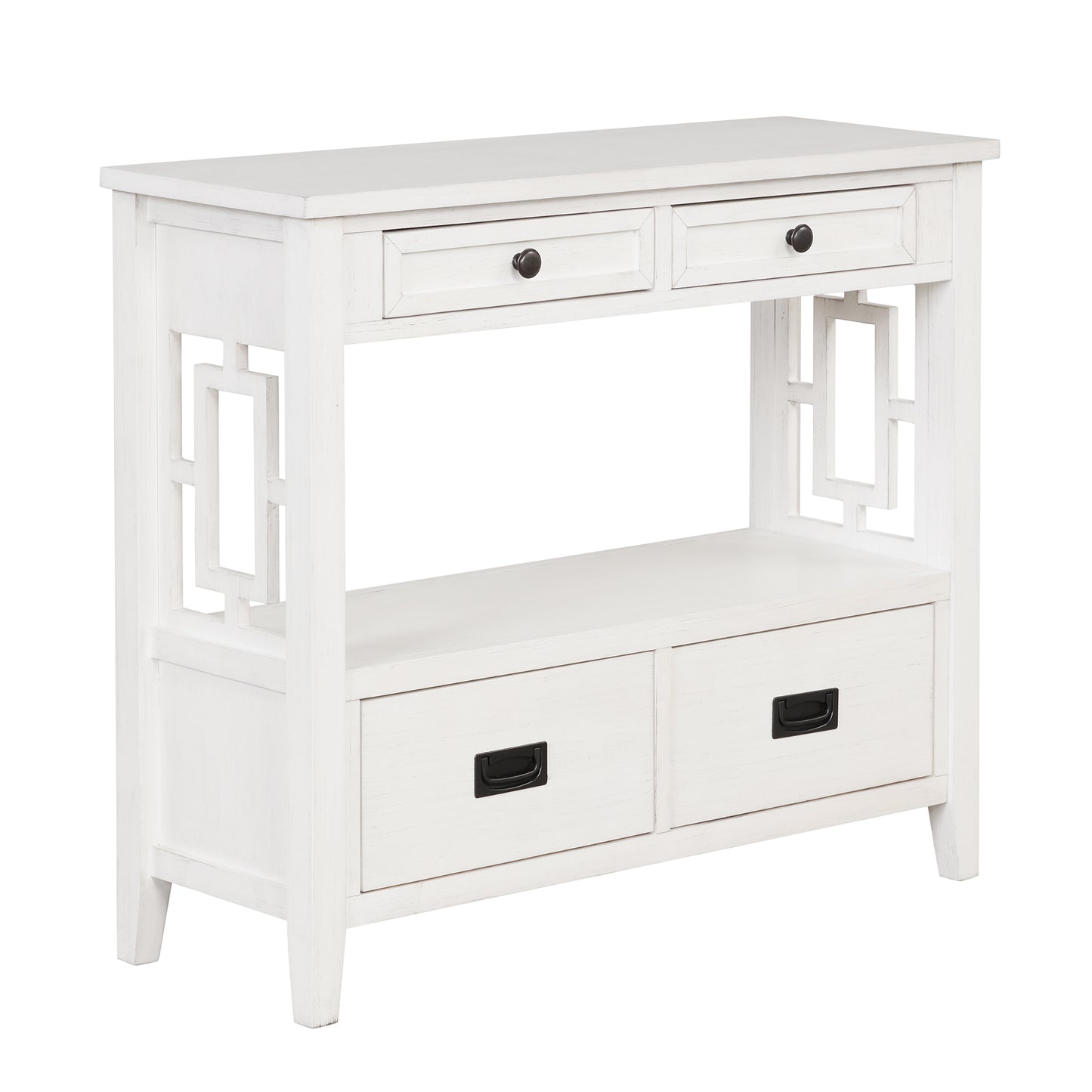 White wooden console table with two drawers and open shelf