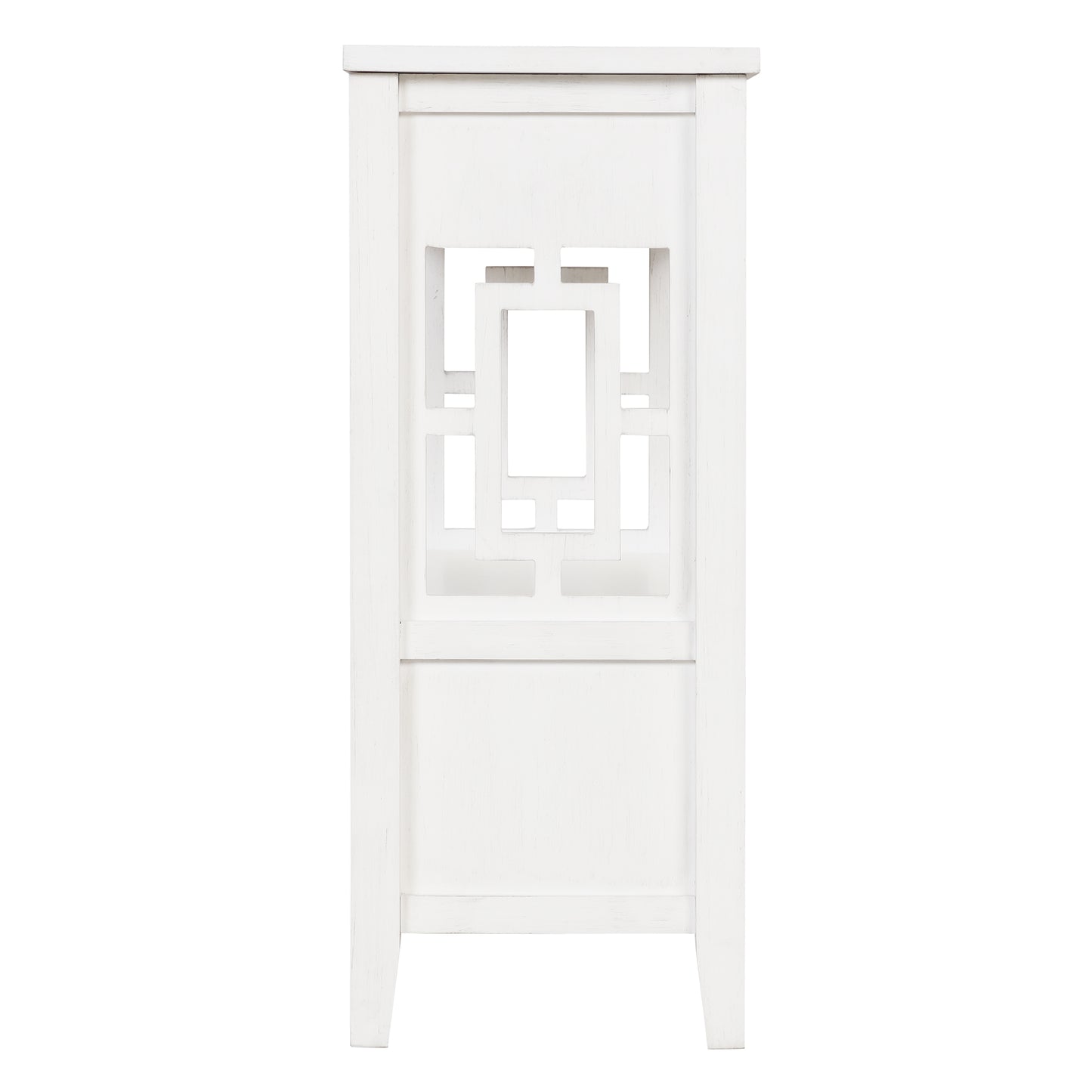 White wooden side table with geometric lattice detail on the front panel