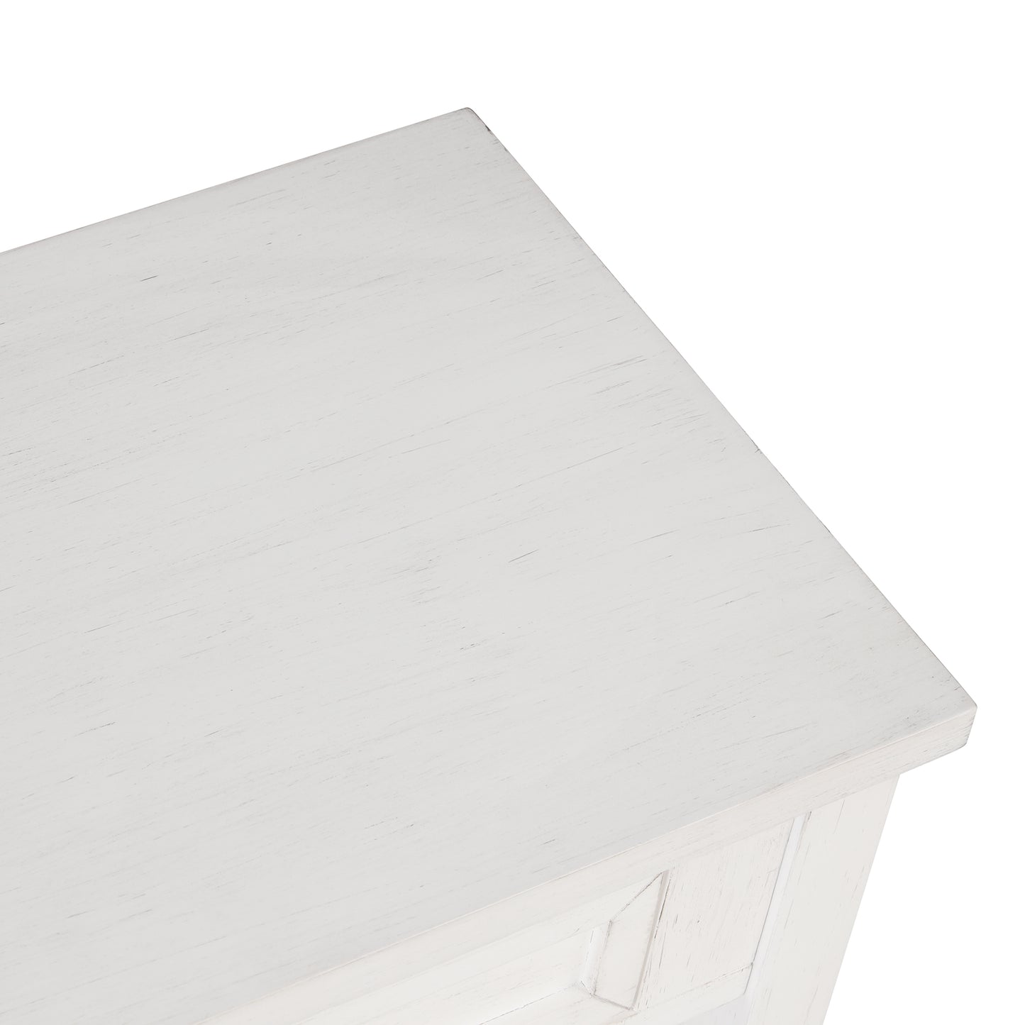 Distressed white wood top of a farmhouse console table with subtle grain detail