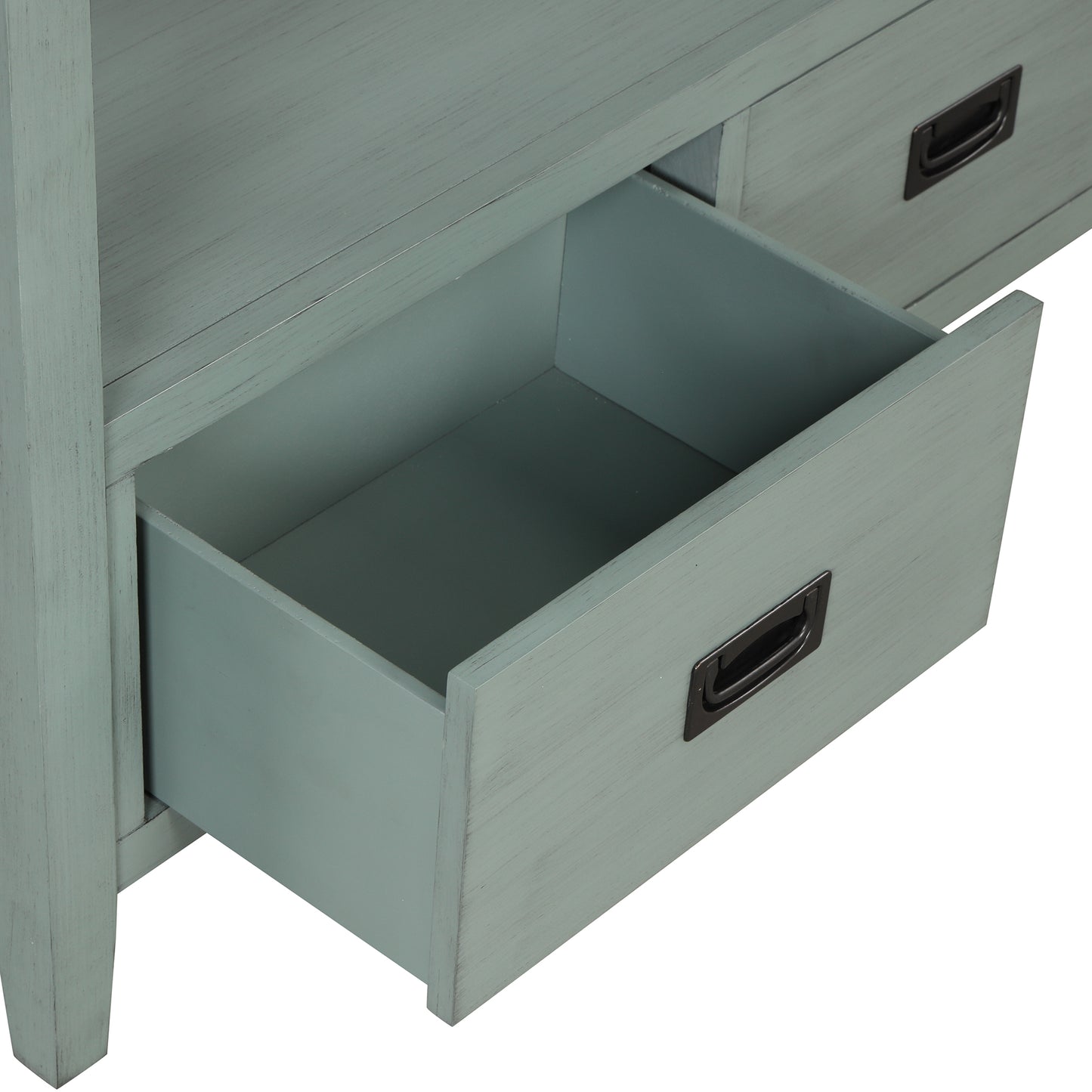 Blue distressed wood dresser drawer with black metal pull