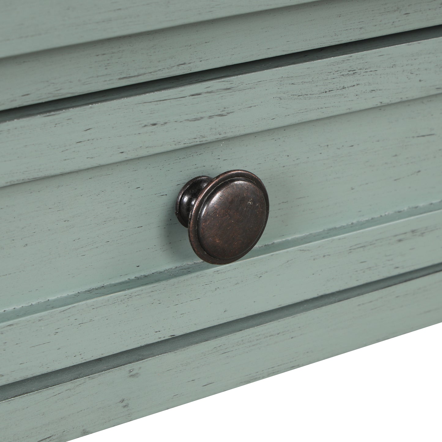 Distressed blue dresser drawer with antique bronze knob coastal style accent furniture