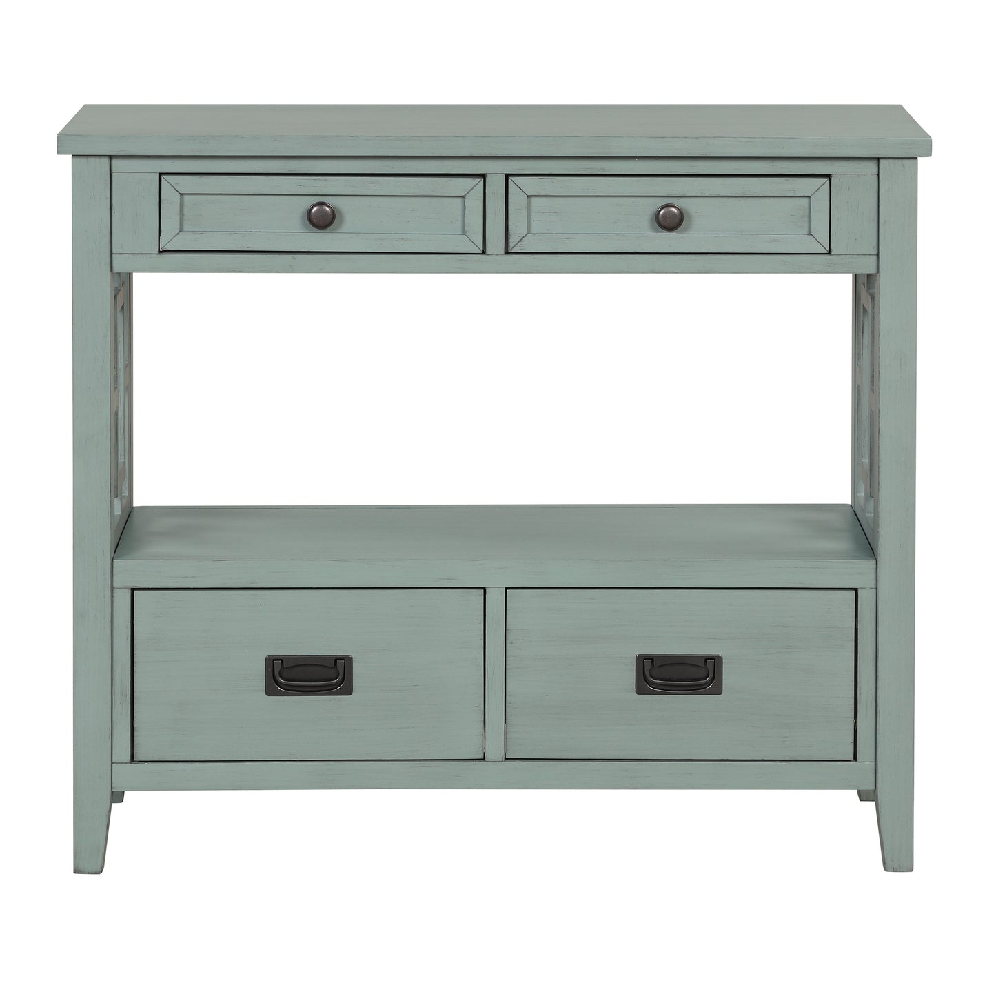 Coastal blue console table with two drawers on top and two drawers below