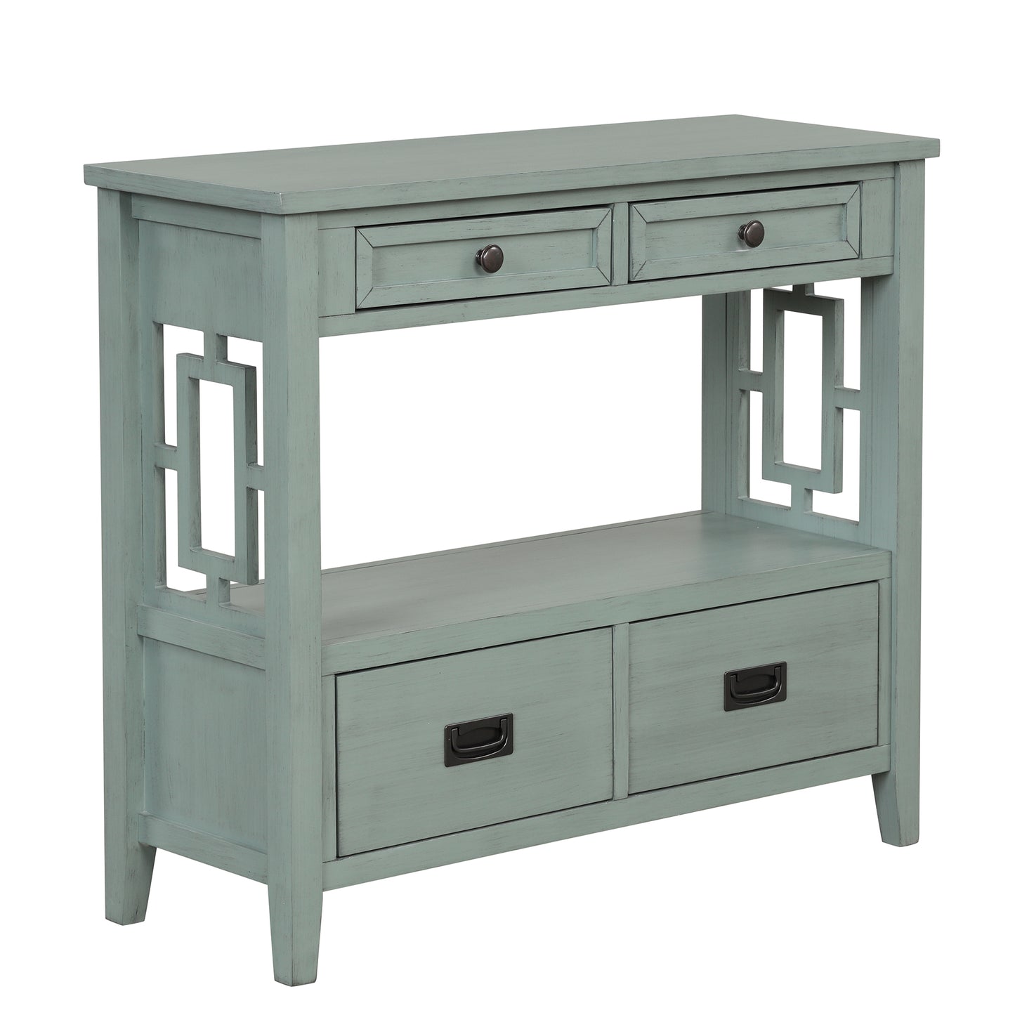 Blue distressed wood console table with two drawers and geometric side panels