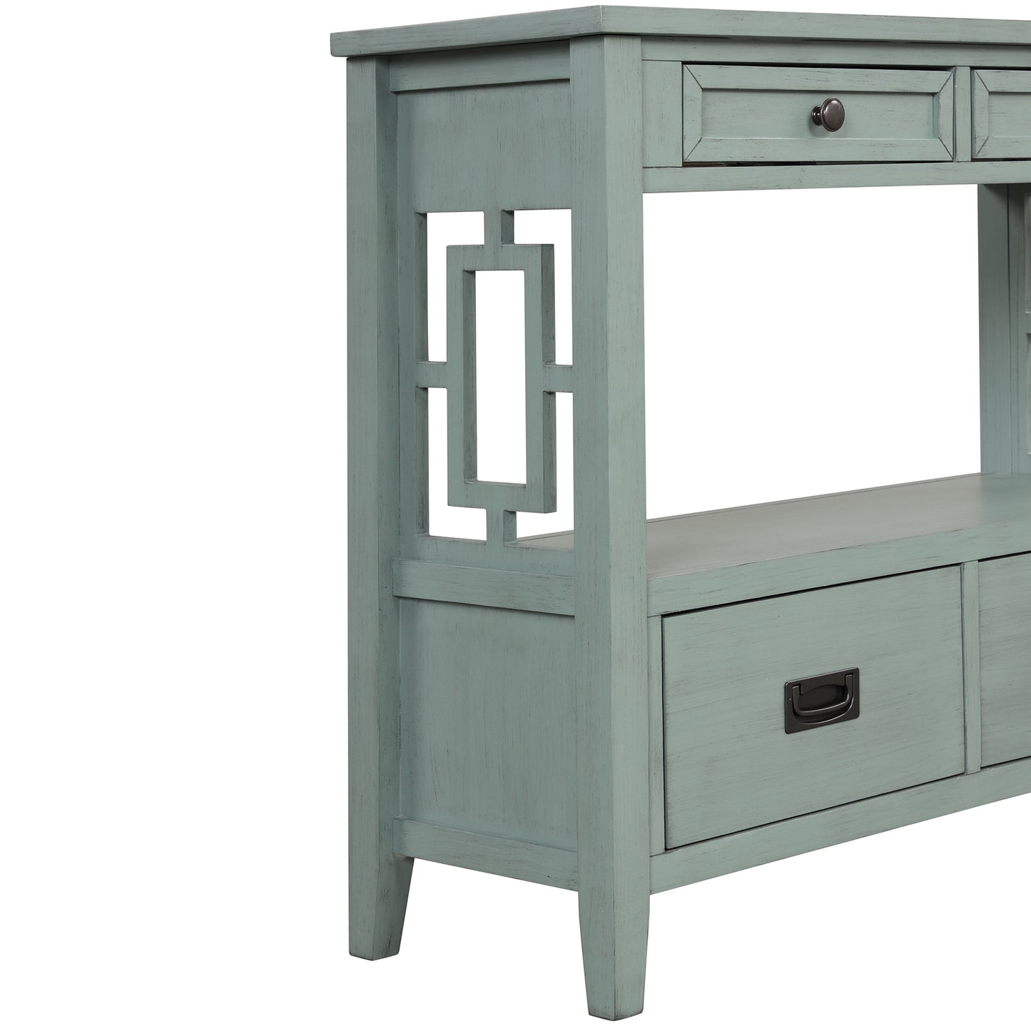 Distressed blue wooden console table with geometric cutout panel detail