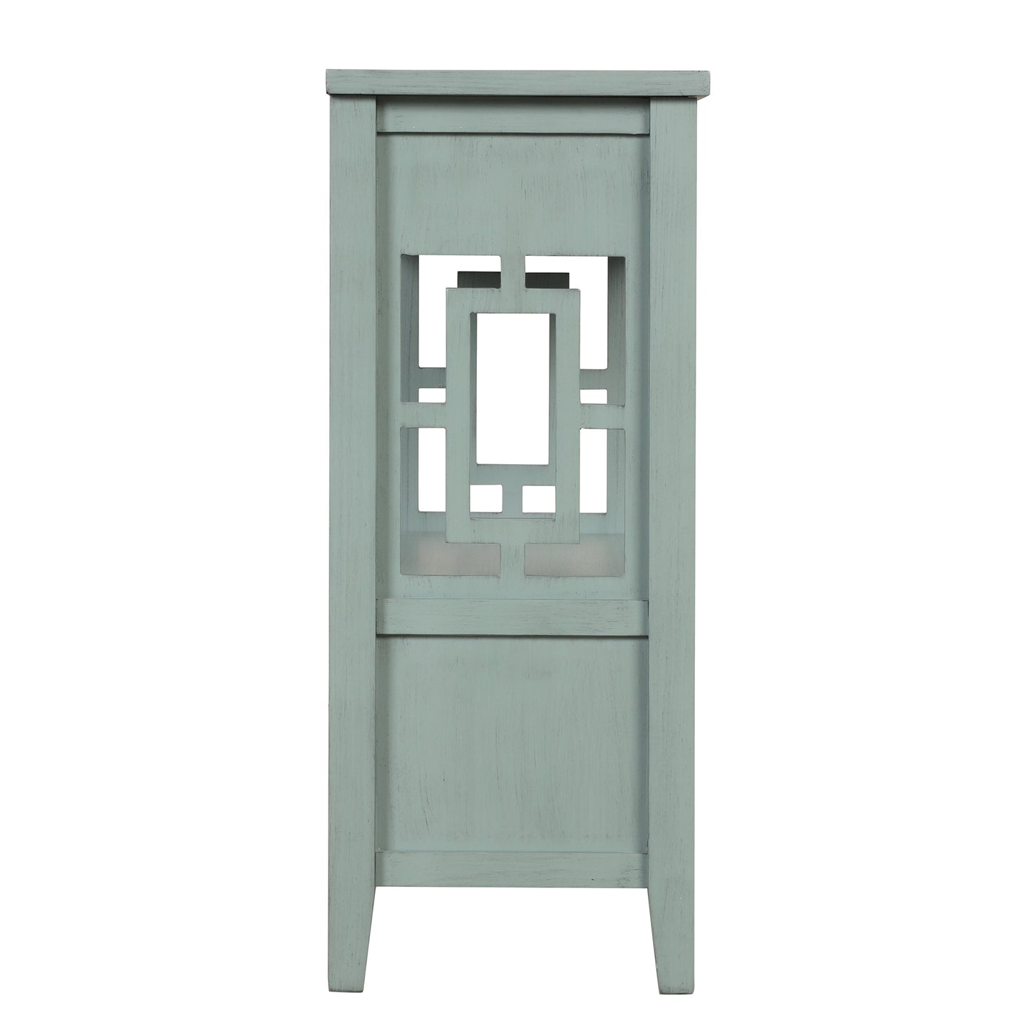 Distressed blue wooden accent cabinet with geometric open fretwork detail