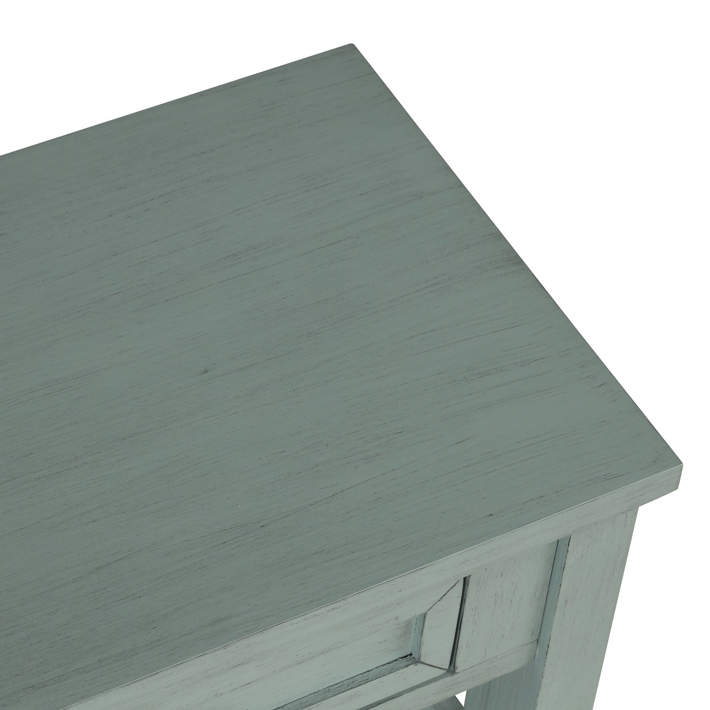 Closeup of a distressed teal console table top with visible wood grain texture