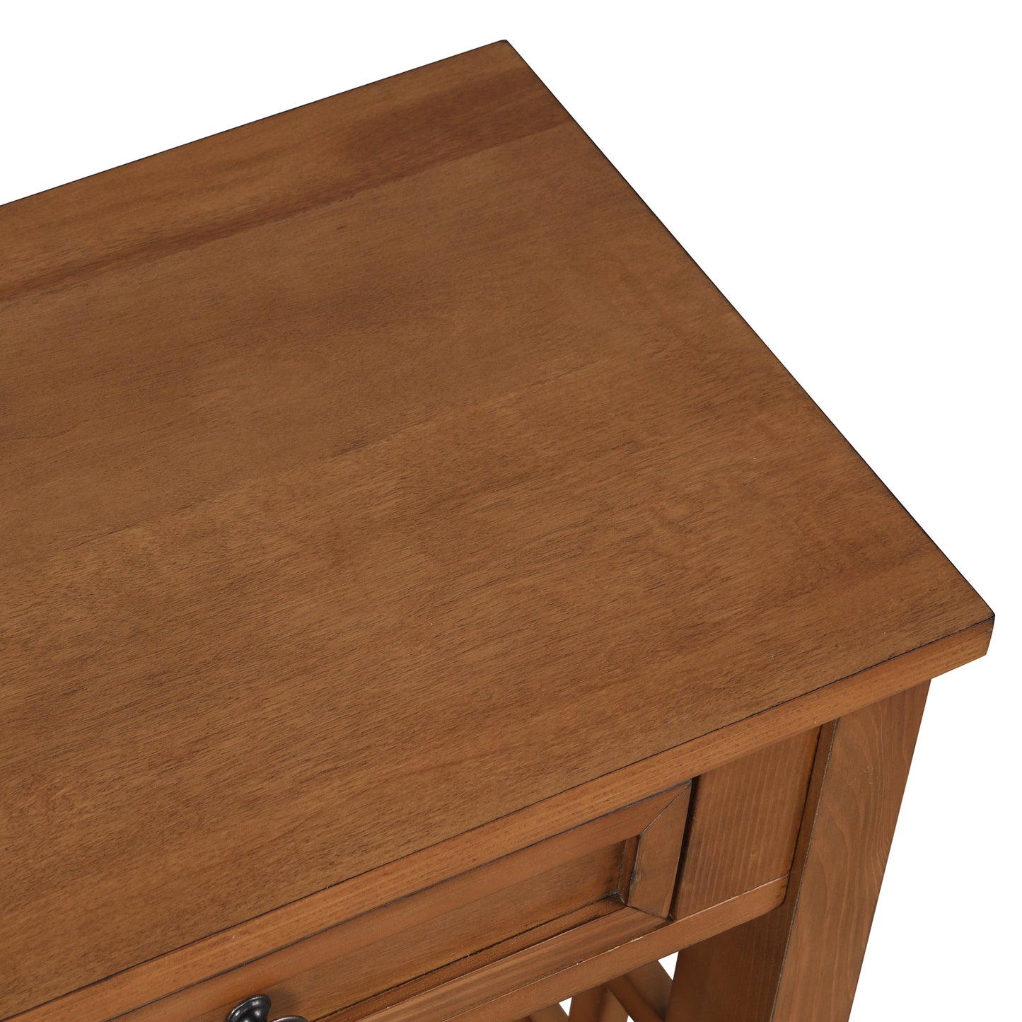 A closeup view of a rich brown wood entryway table with a single drawer The natural wood grain is clearly visible showcasing the quality craftsmanship of this solid wood table