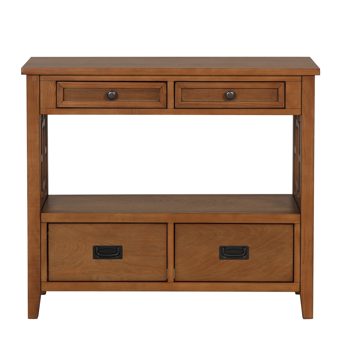 Brown wood console table with two top drawers and two lower drawers