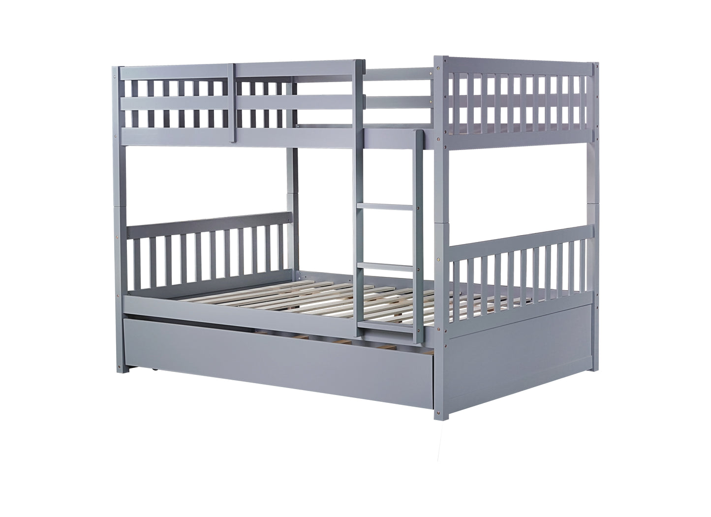 Gray wooden bunk bed with pullout trundle for kids