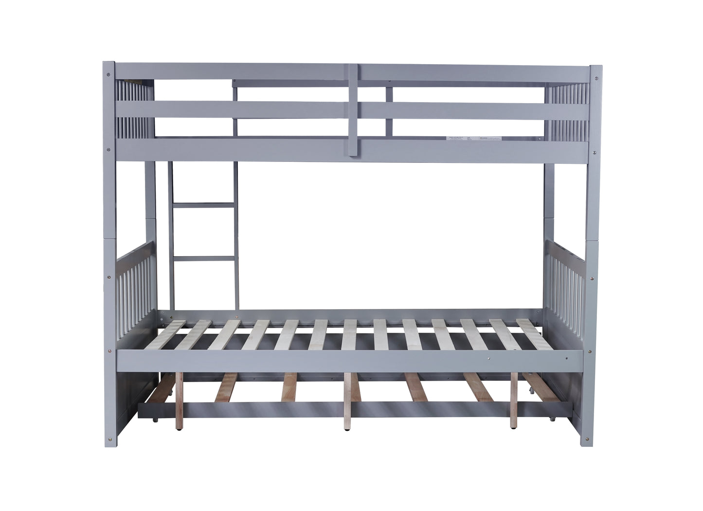Gray wooden bunk bed with ladder