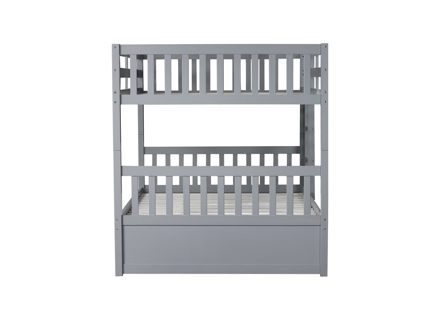 Gray wooden bunk bed with ladder