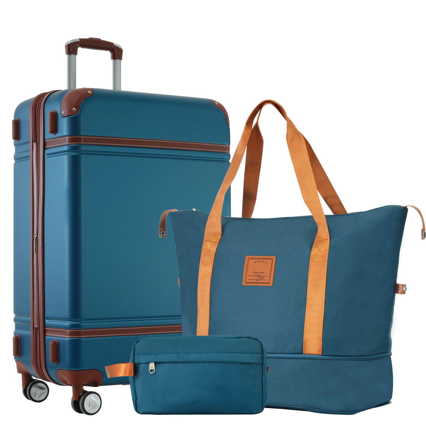 Teal hardside luggage set with brown trim including a suitcase duffel bag and toiletry bag for travel