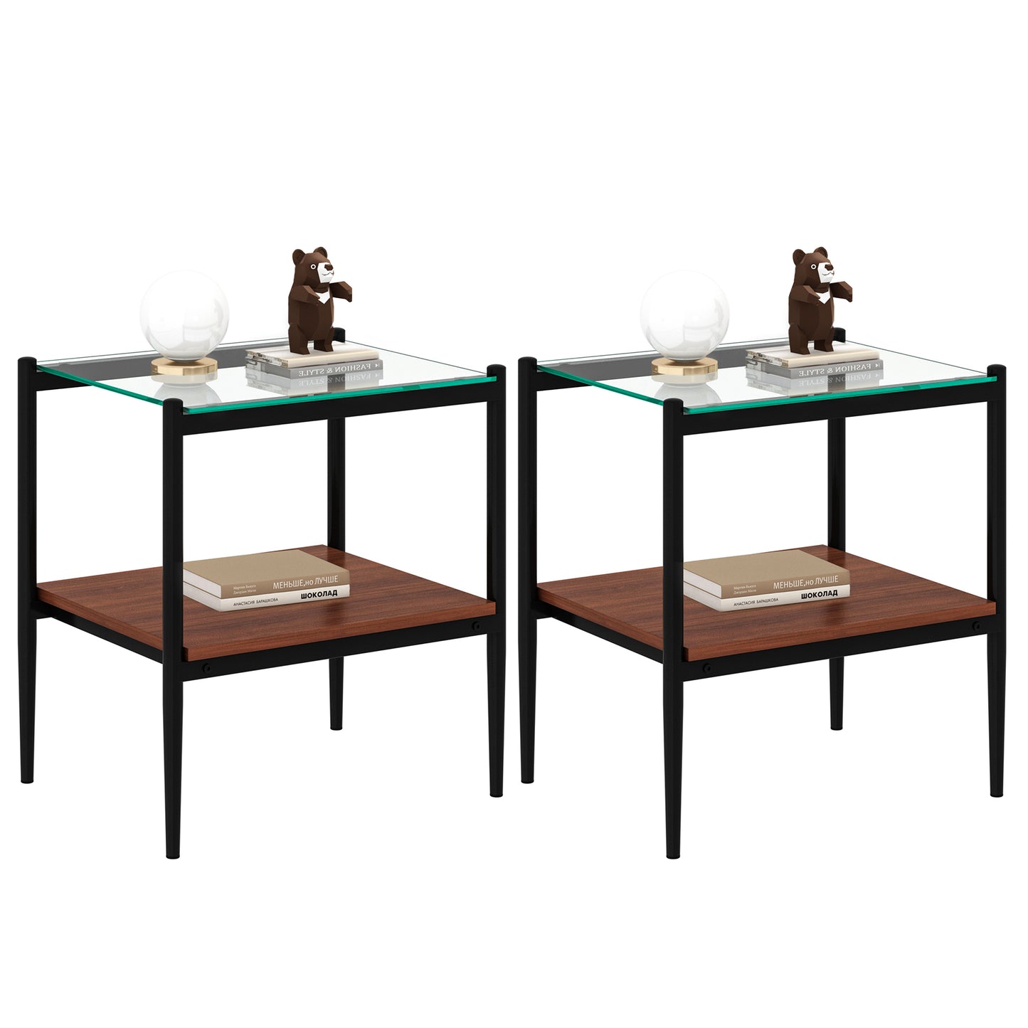 Black metal and glass side table with walnut shelf and bear decor