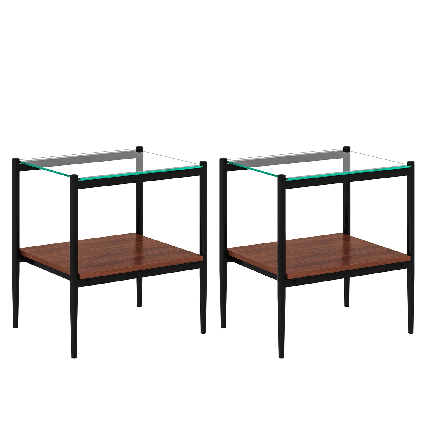 Two modern end tables with black metal frames walnut wood shelves and glass tops