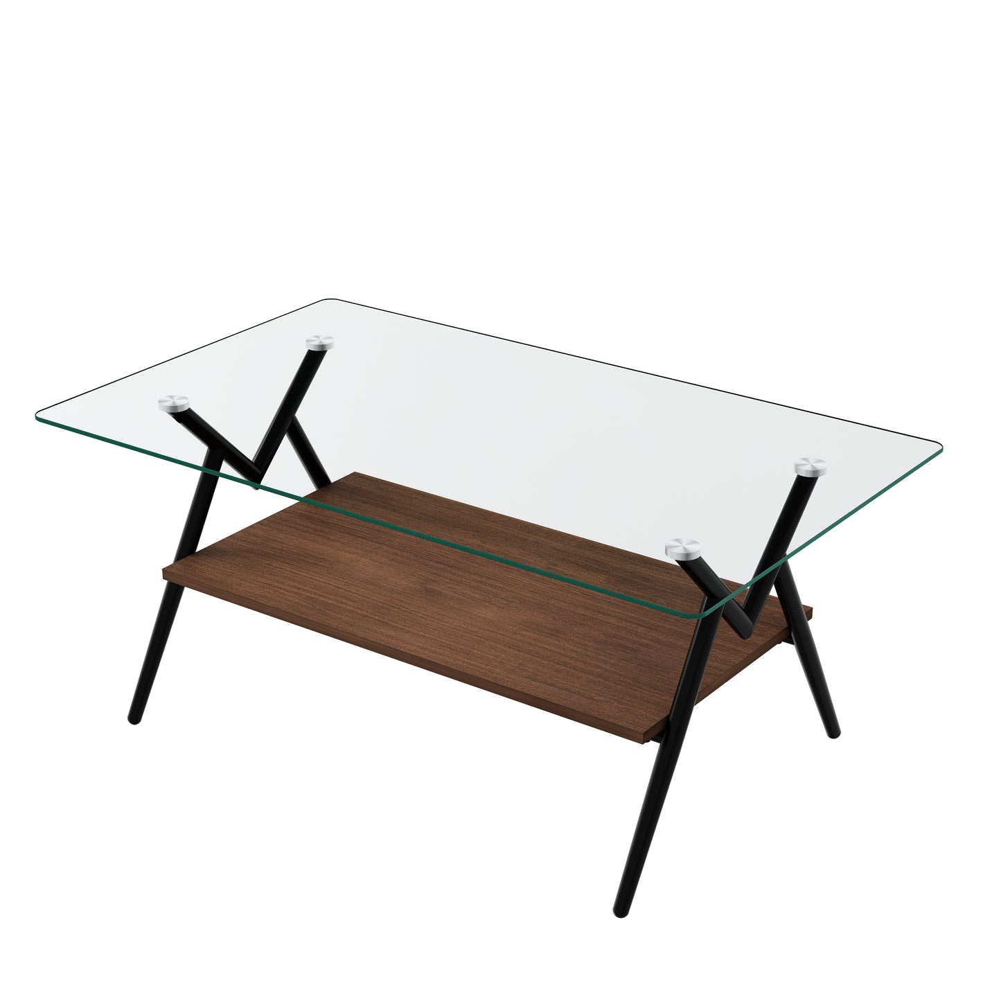 Modern glass coffee table with walnut shelf and black metal legs