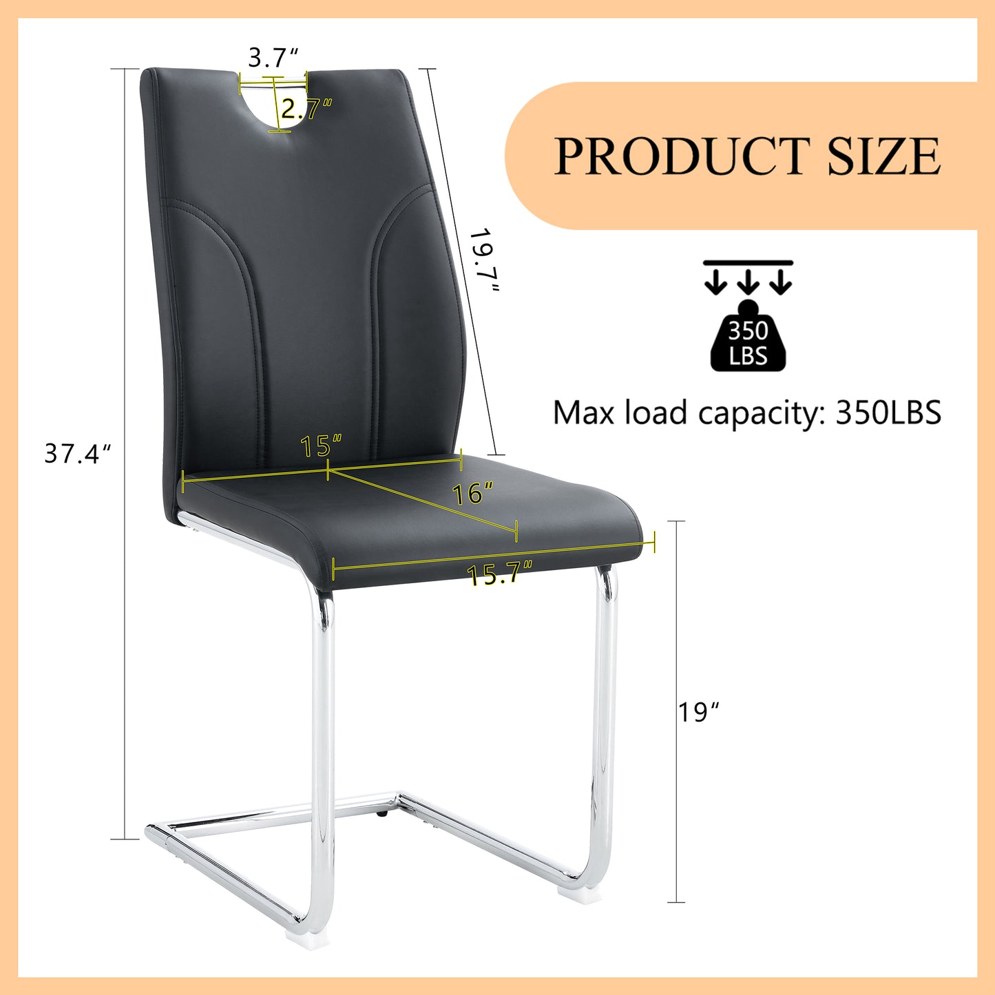 Black faux leather dining chair with chrome sled base H W seat