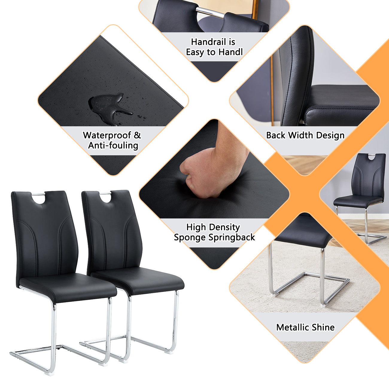 Two black faux leather dining chairs with chrome cantilever legs
