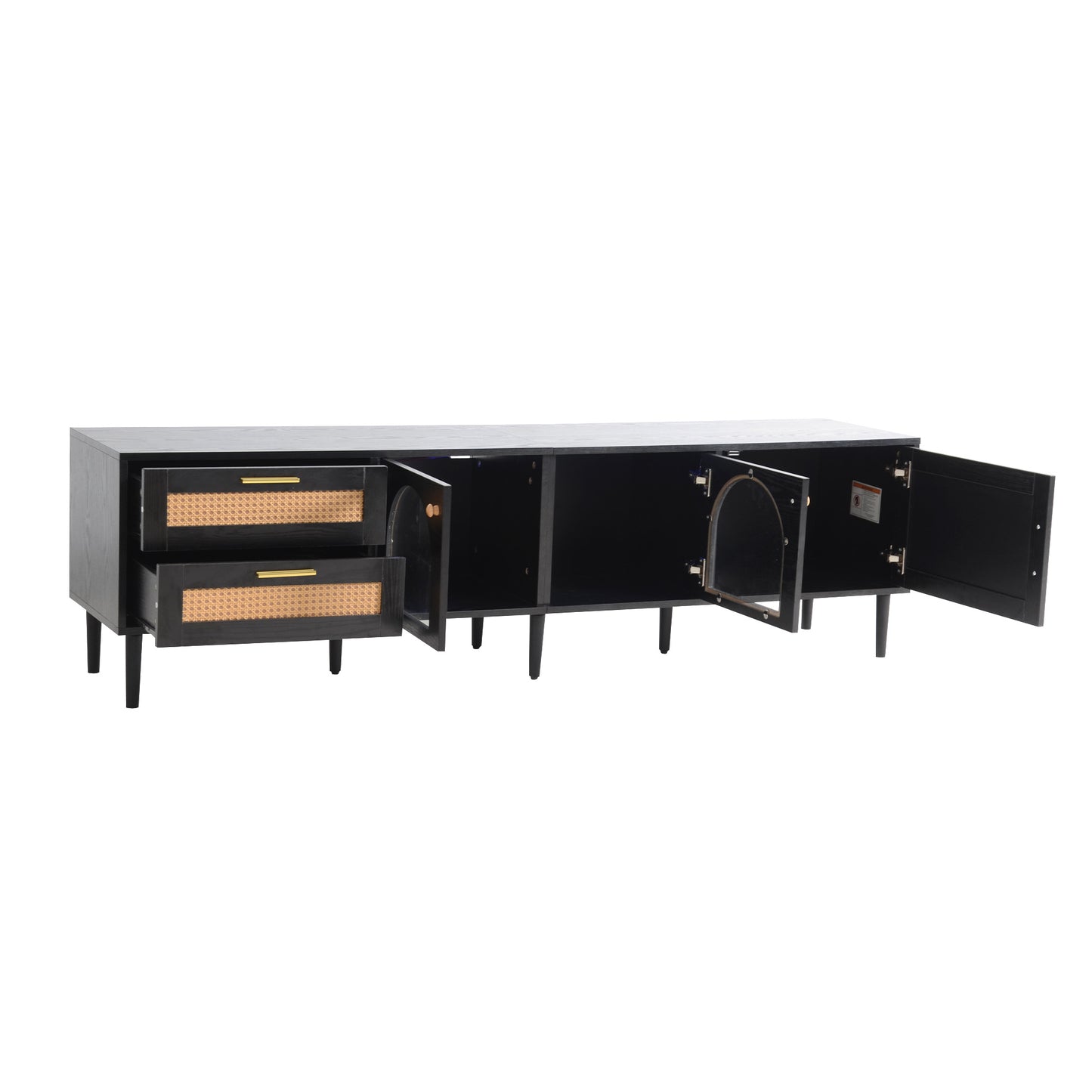Black sideboard with cane detailing on drawers and arched glass doors