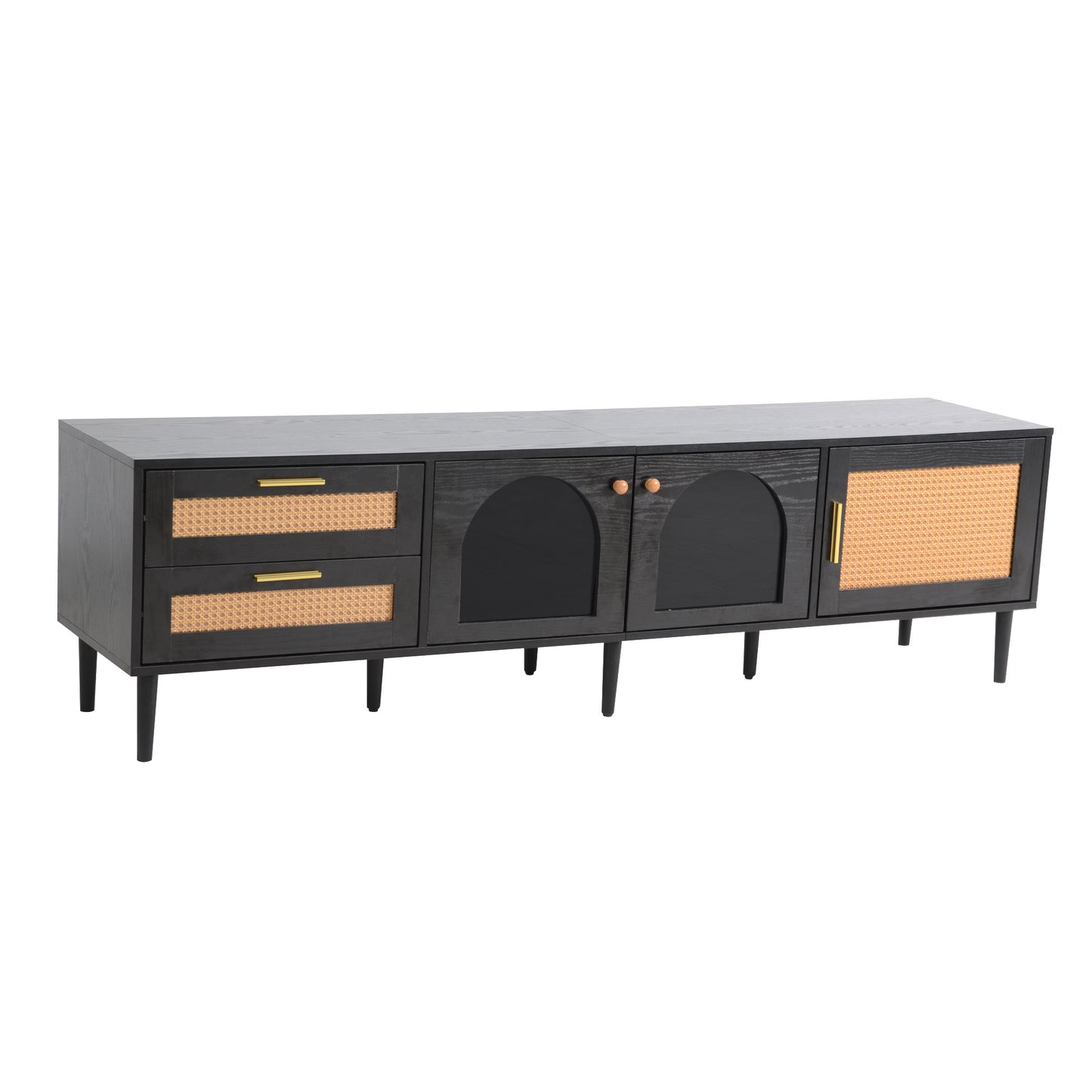 Black media console with cane detailing and arched glass doors
