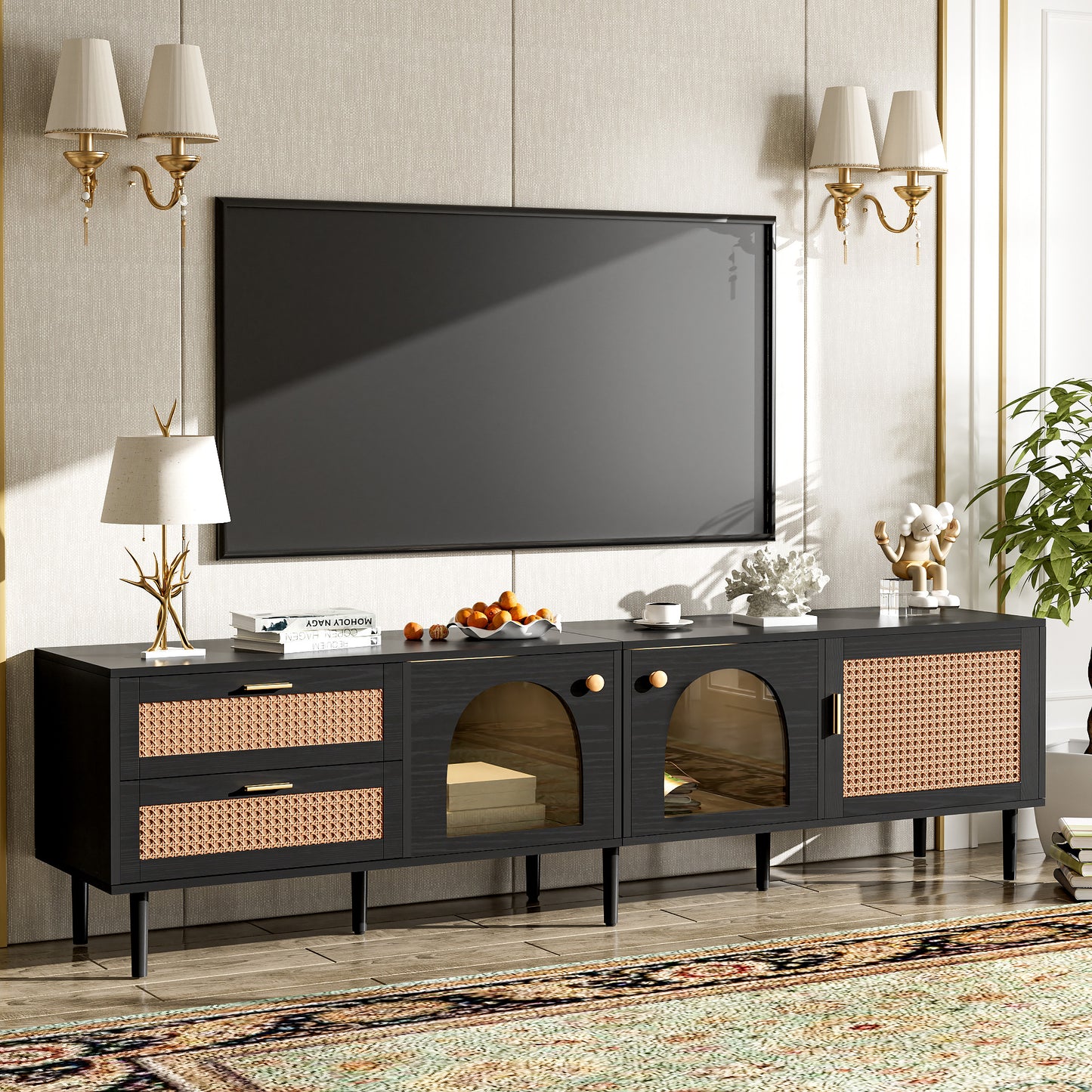 Black media console with rattan inlays and arched glass doors