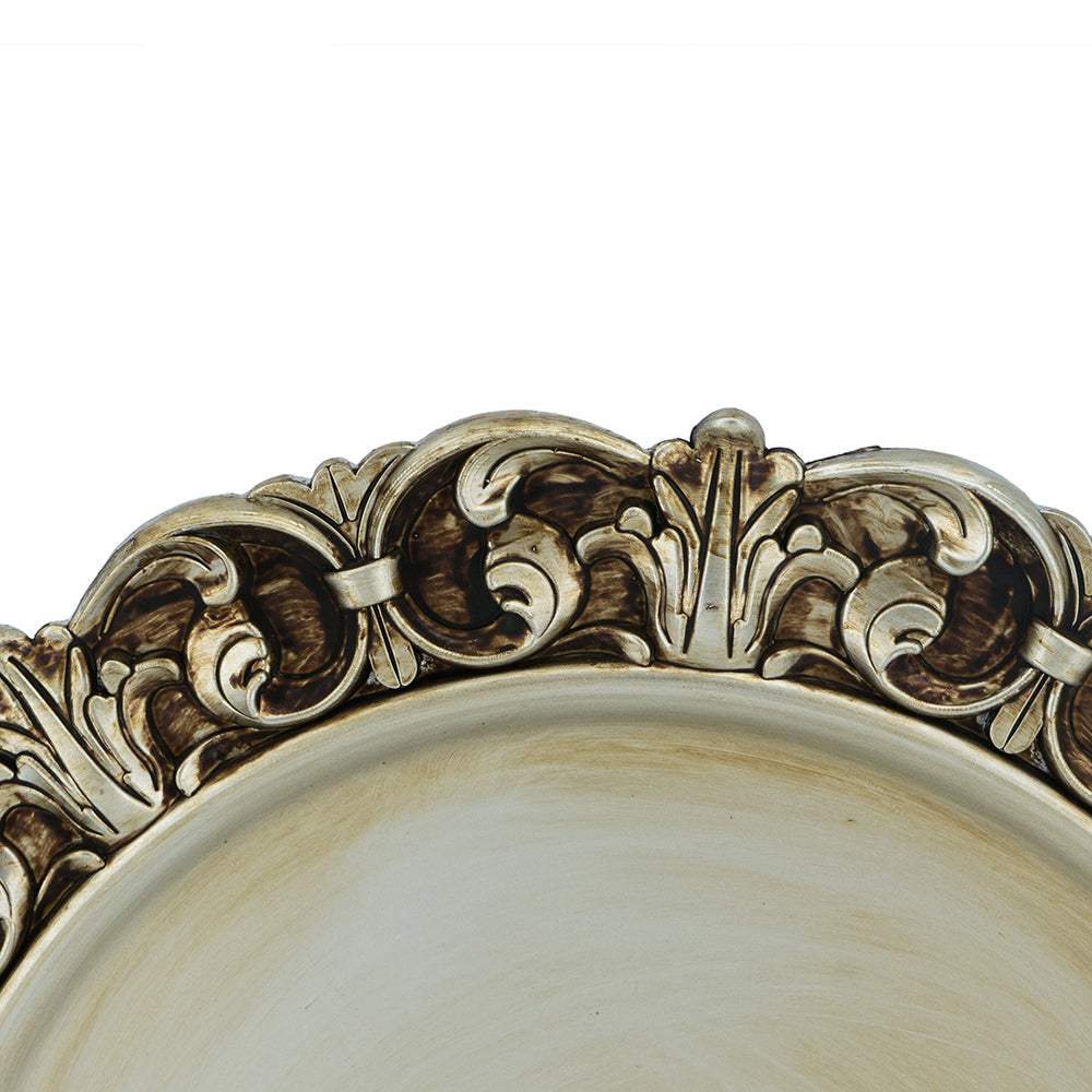 Ornate decorative serving tray with intricate scrollwork antique gold finish