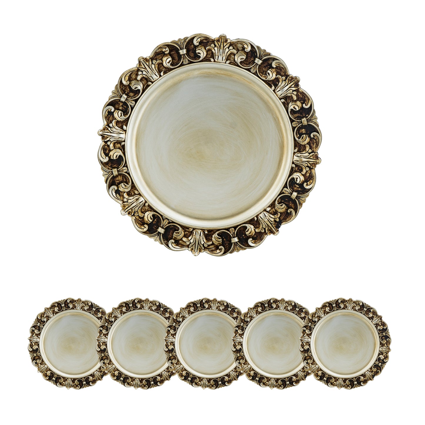 Ornate antique charger plate with a cream inset and gold scrollwork rim