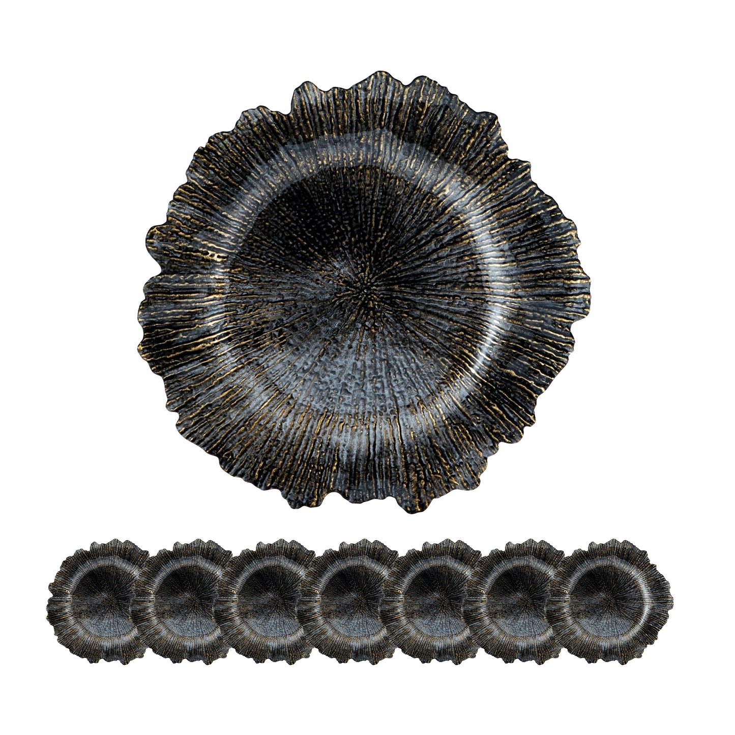 Textured dark gray charger plate with metallic gold accents ideal for formal dining