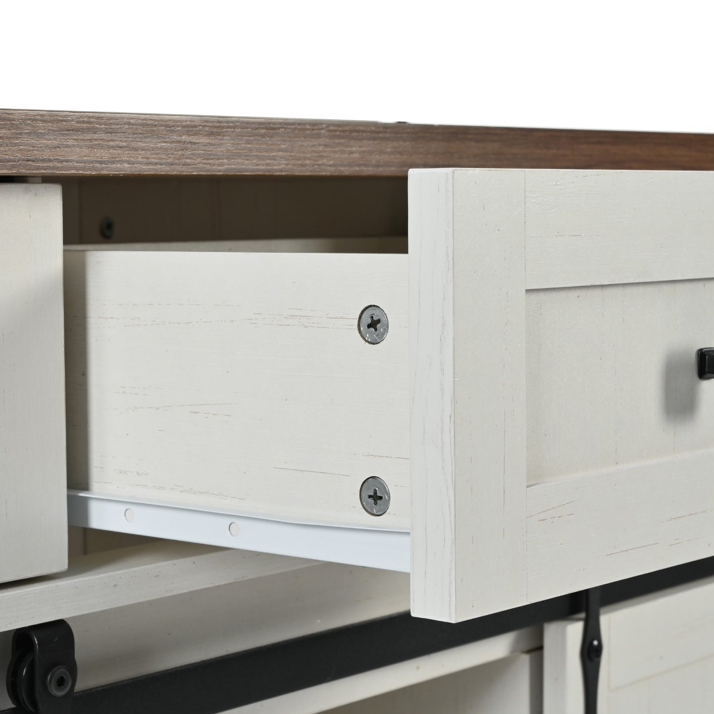 White farmhouse buffet drawer interior and exterior detail