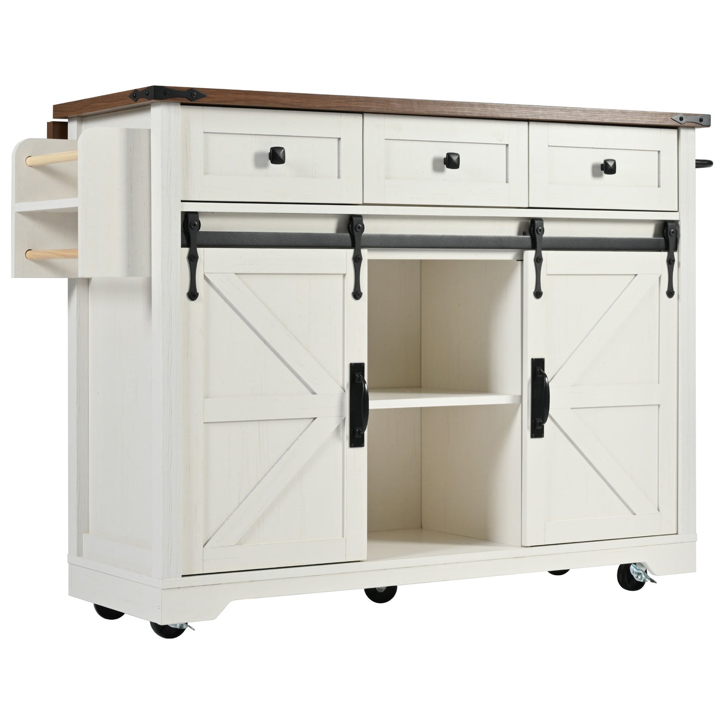 White kitchen island with barn doors three drawers and wooden towel rack