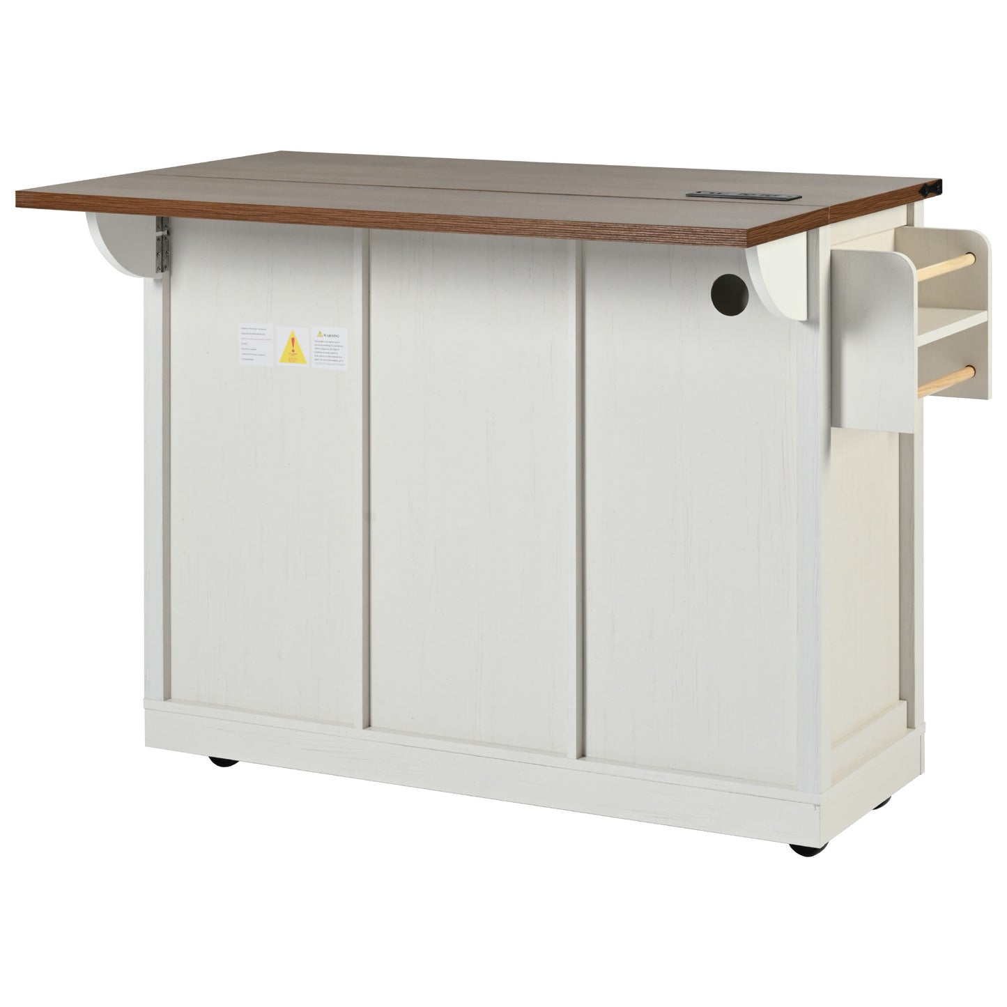 White wooden kitchen island with drop leaf top and brown accents offering ample storage and workspace