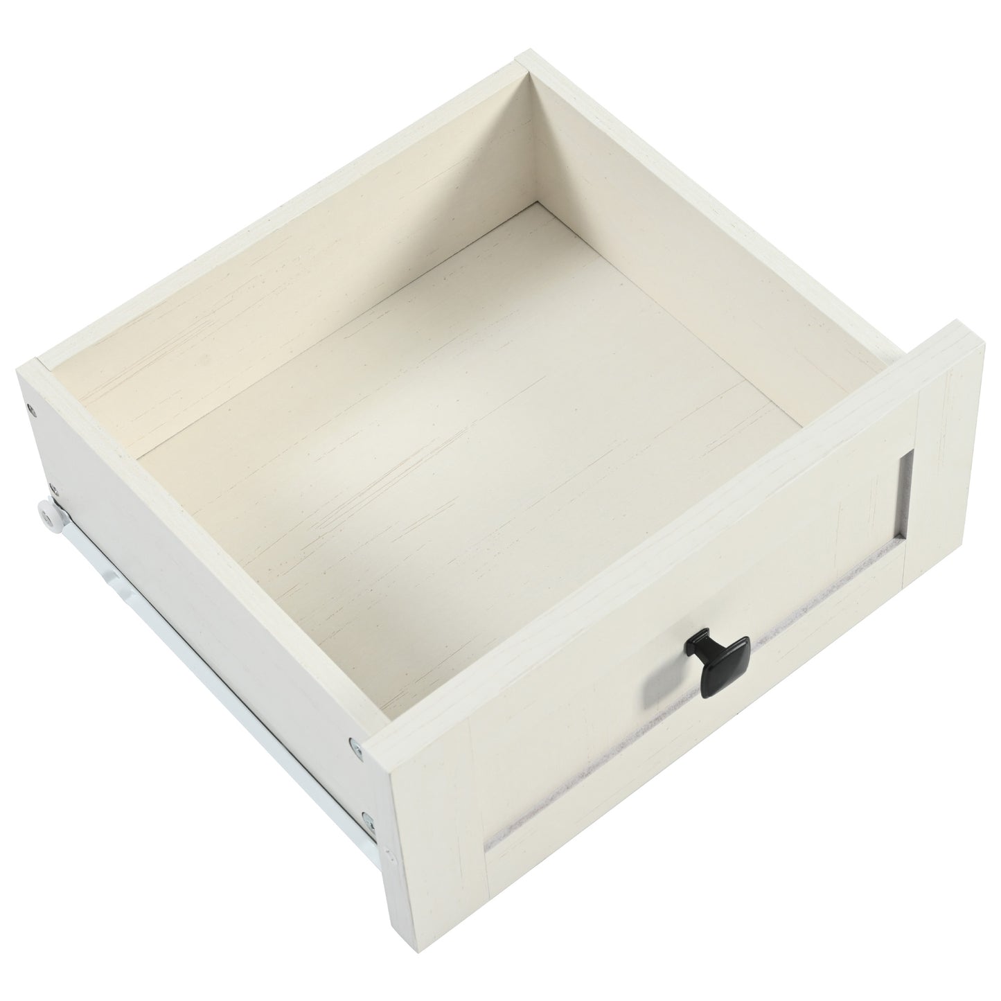 Cream farmhouse style wood drawer with black knob featuring metal runners for easy access