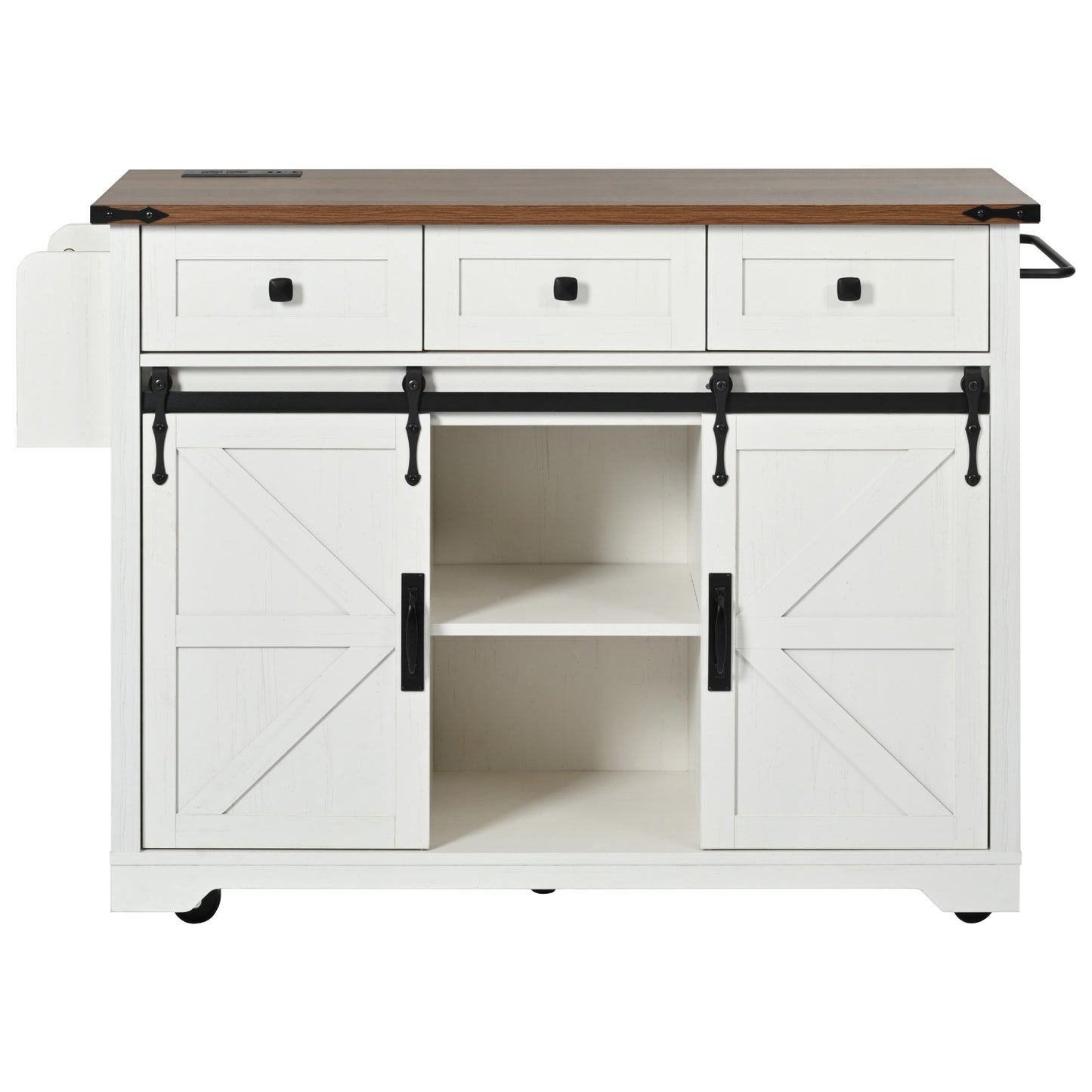 White kitchen island with a wooden top three drawers and sliding barn doors Features black hardware and wheels