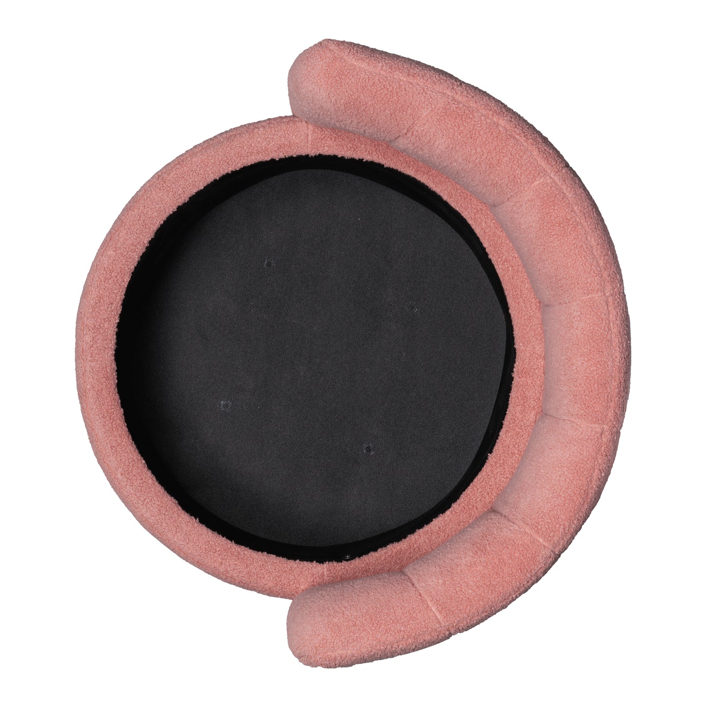Round coral teddy fabric pet bed with raised edge and black interior